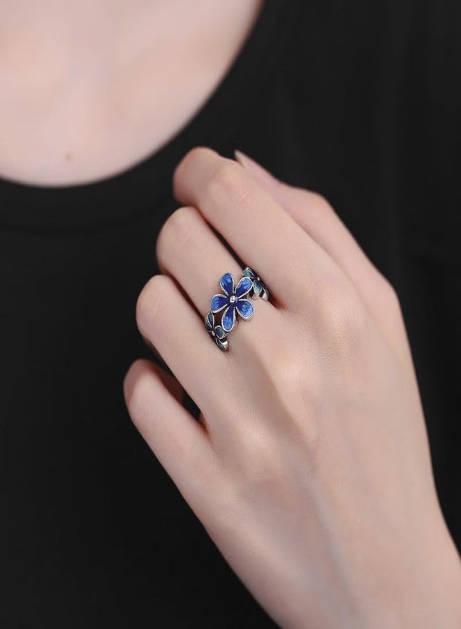 HAIXIAN Forget-Me-Not Flower Statement Ring, Silver Plated Enamel Band, Colorful Floral Design (Ring_A_blueblue, Adjustable) - Image 2